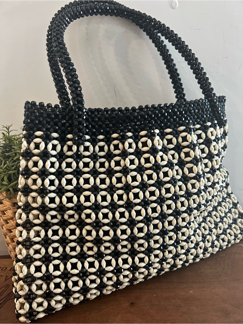 Black & White Beaded Tote Bag - Chic Women's Handbag Geometric